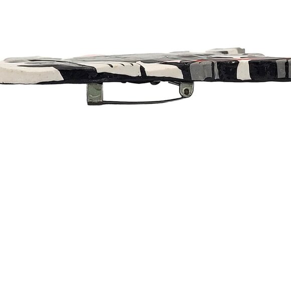 Hand-Painted Wooden Cow Brooch Pin Glossy Black & White with Red Glasses 3" - Picture 3 of 6